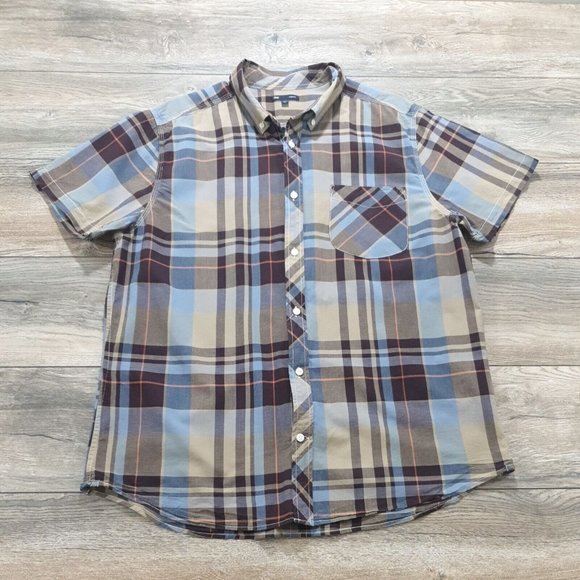 GAP Other - Gap Men XL Short Sleeve Shirt Casual Cotton Blue Brown Plaid Vacation Travel